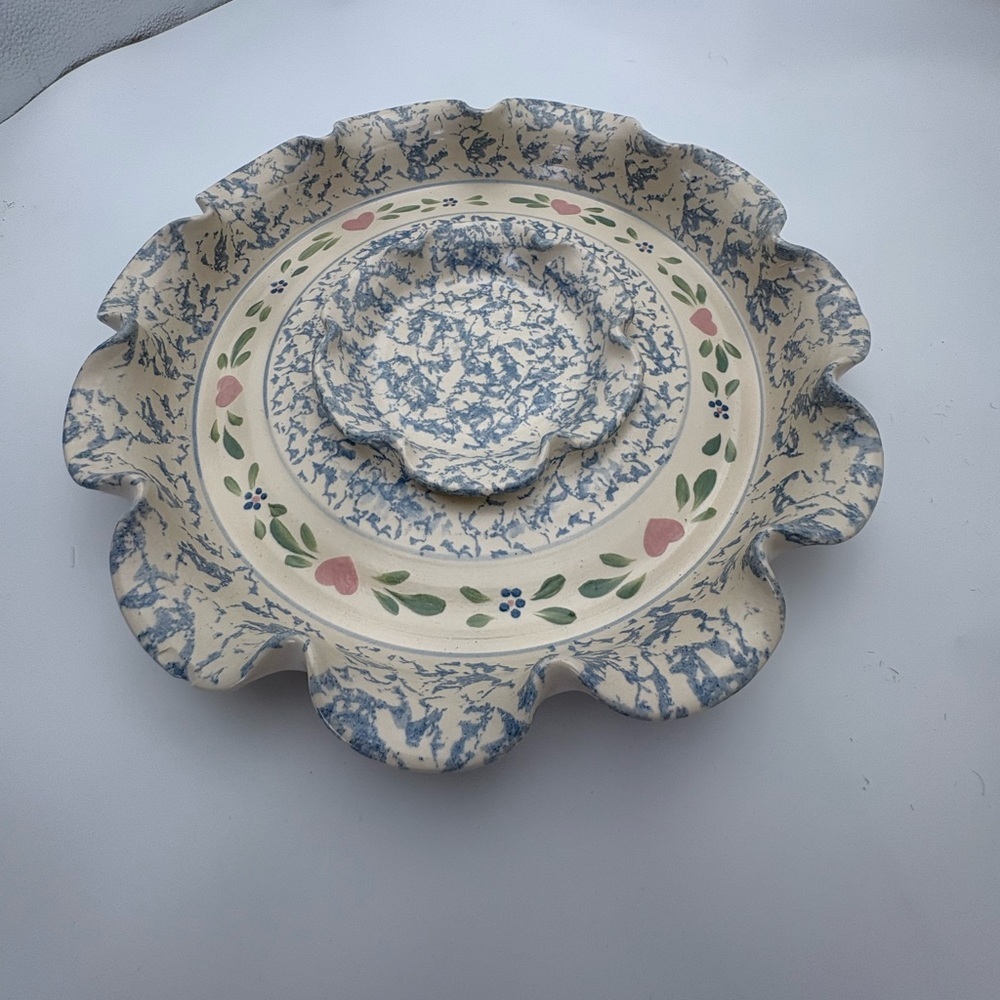 Vintage Floral Scalloped Pottery Chip and Dip Platter with Hearts